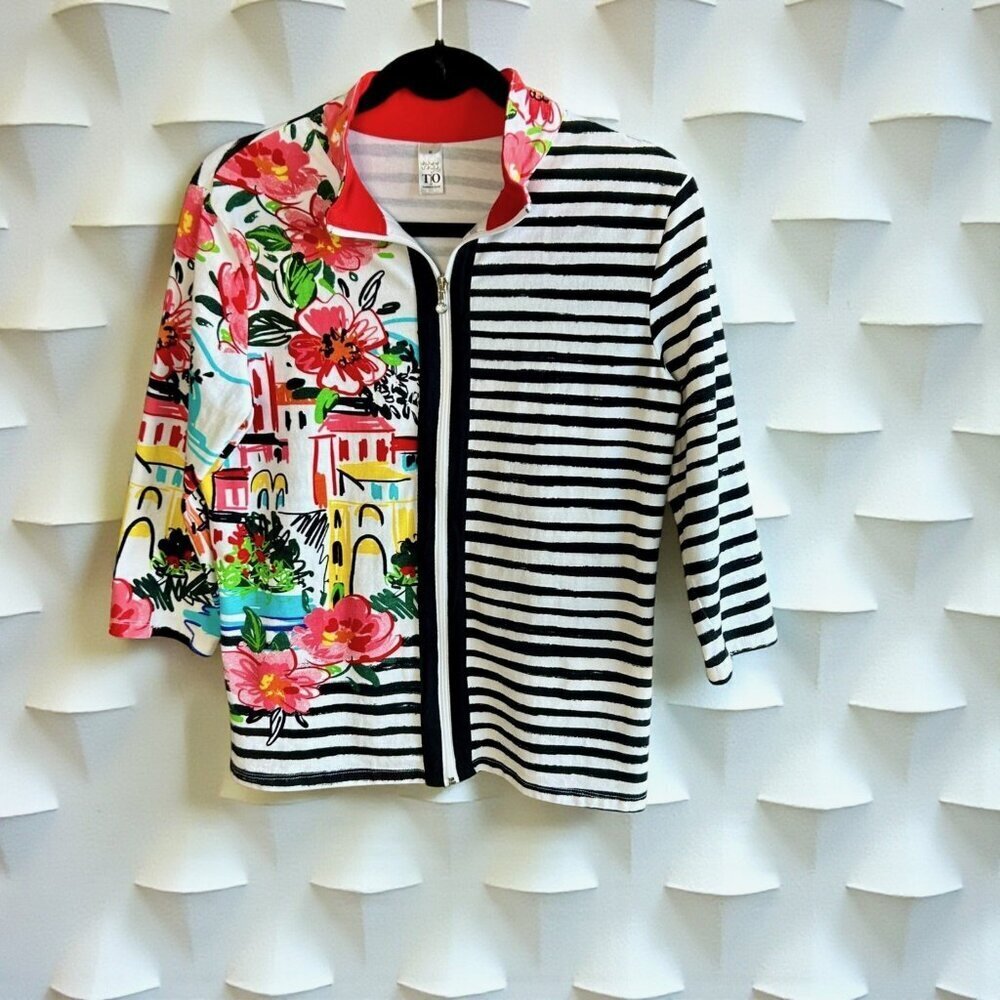 Thomas & Olivia Stripe and Resort Floral Top Full Zip Size Medium
